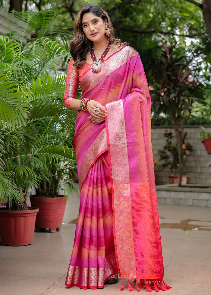 Pink Banarasi Silk Saree With Blouse Piece