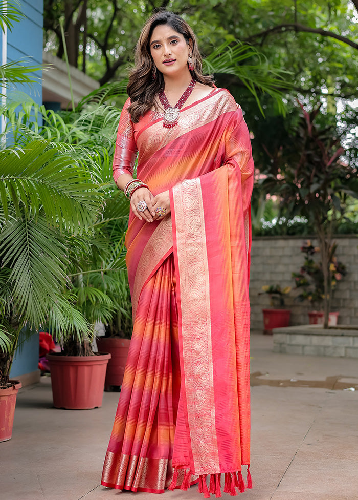 Orange Banarasi Silk Saree With Blouse Piece