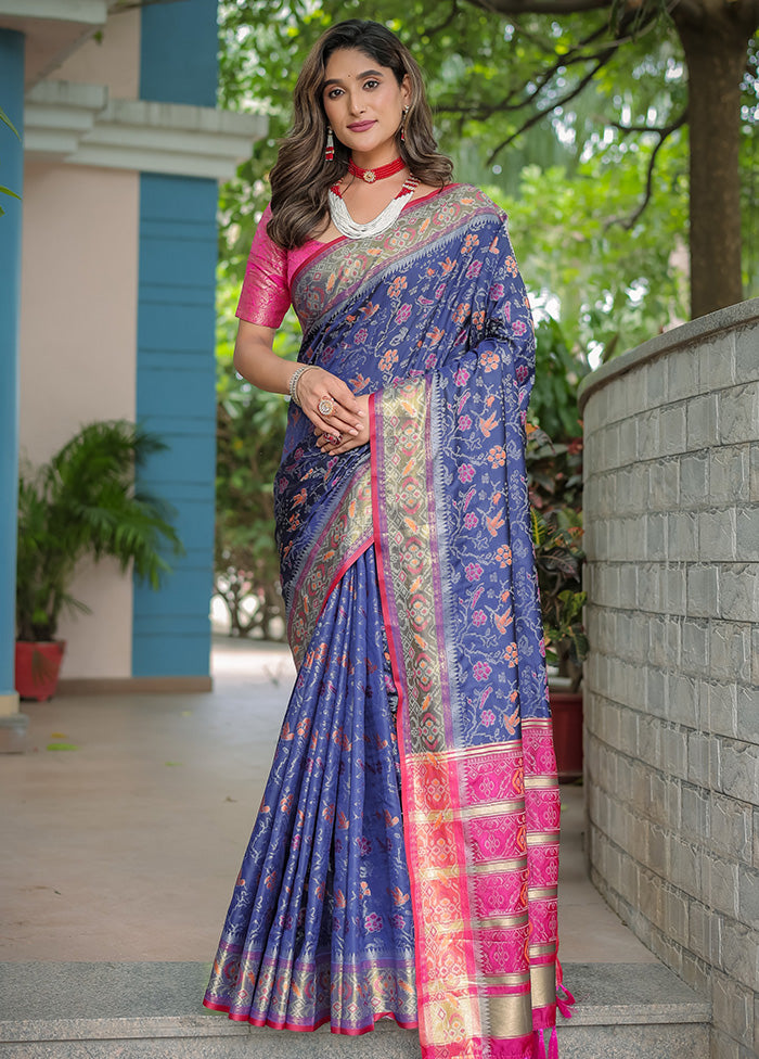 Navy Blue Spun Silk Saree With Blouse Piece