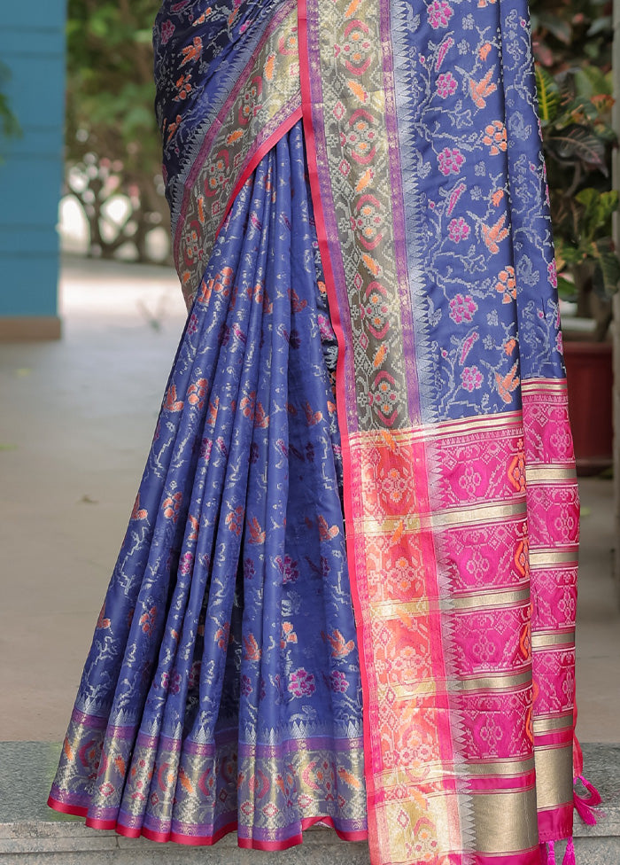 Navy Blue Spun Silk Saree With Blouse Piece