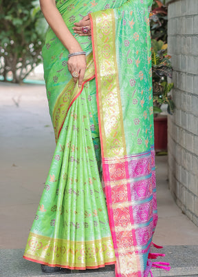 Pista Green Spun Silk Saree With Blouse Piece