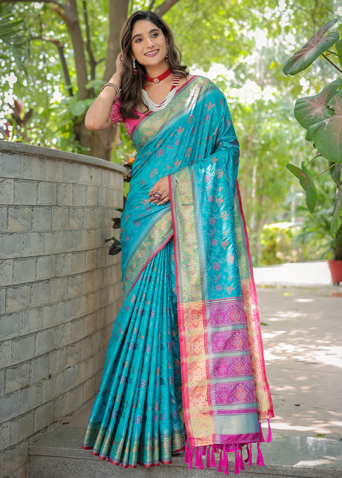 Turquoise Spun Silk Saree With Blouse Piece