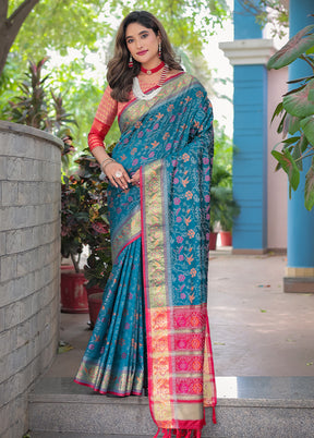 Teal Spun Silk Saree With Blouse Piece