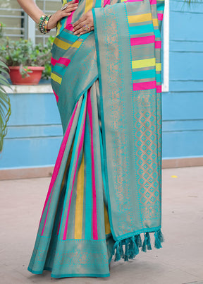 Turquoise Kanjivaram Silk Saree With Blouse Piece