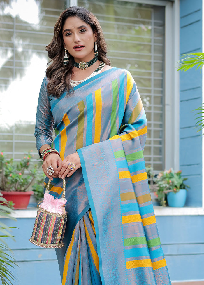 Sky Blue Kanjivaram Silk Saree With Blouse Piece