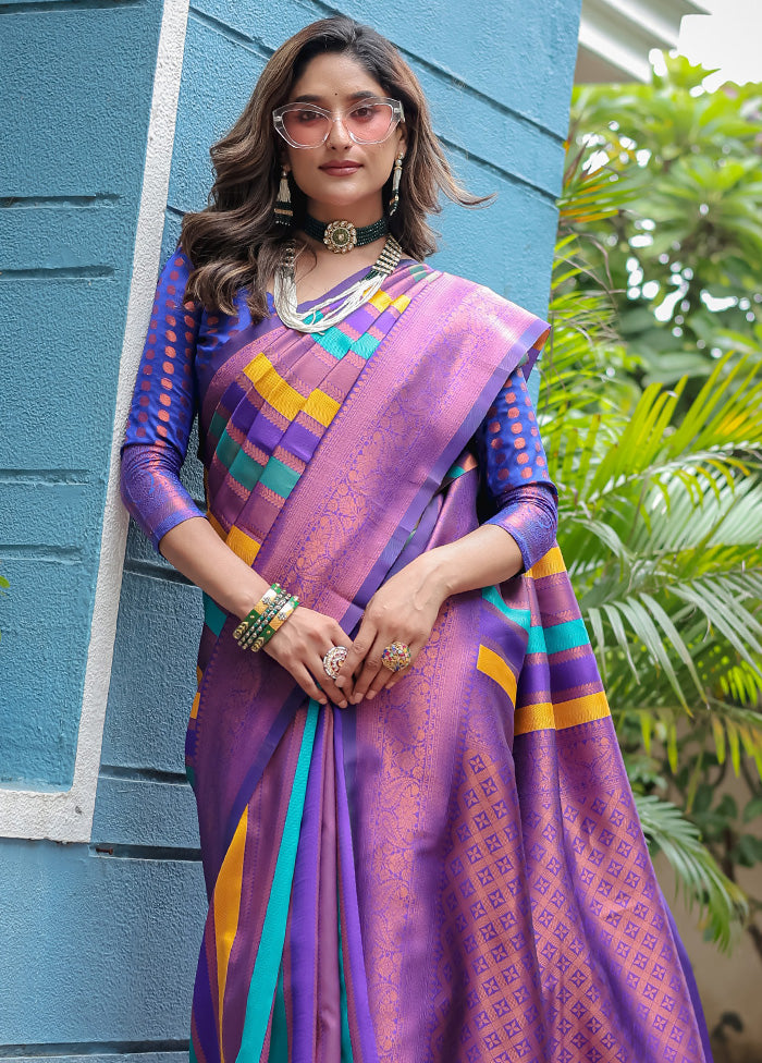 Purple Kanjivaram Silk Saree With Blouse Piece