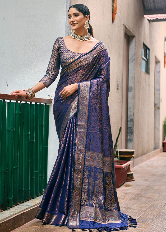 Navy Blue Kanjivaram Silk Saree With Blouse Piece