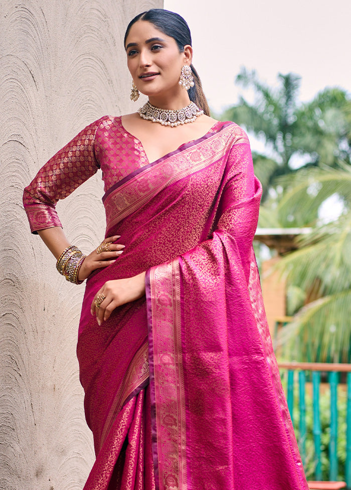 Pink Kanjivaram Silk Saree With Blouse Piece