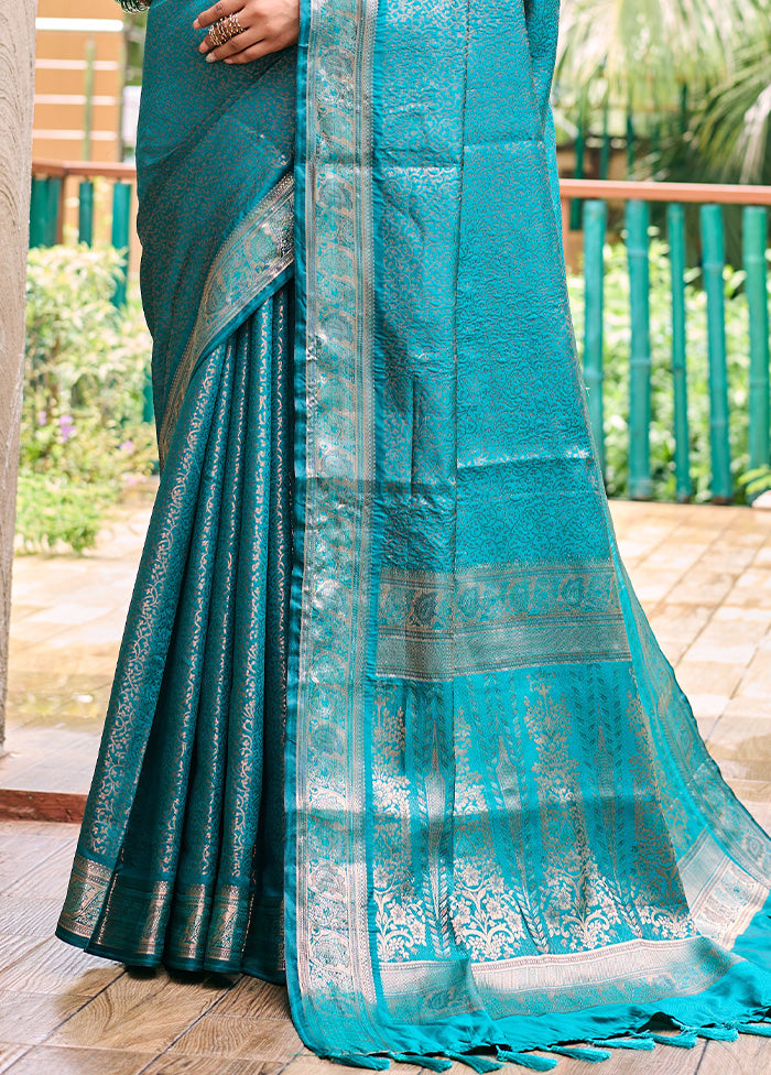 Turquoise Kanjivaram Silk Saree With Blouse Piece