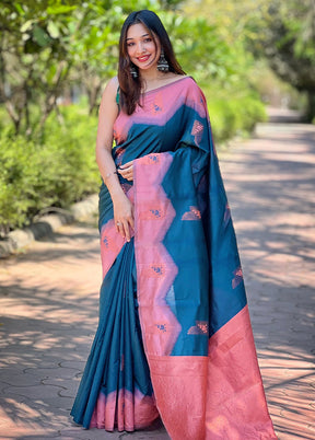 Blue Banarasi Silk Saree With Blouse Piece