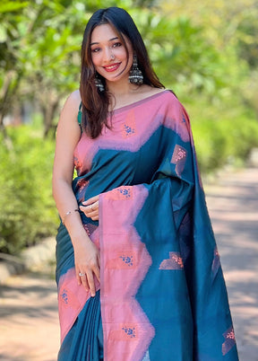 Blue Banarasi Silk Saree With Blouse Piece