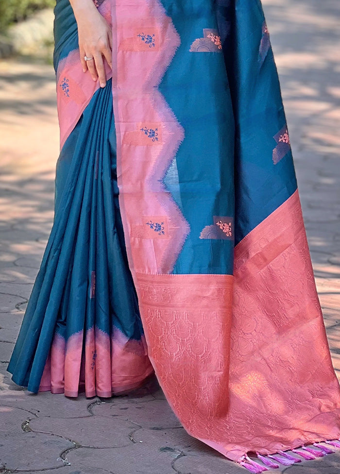 Blue Banarasi Silk Saree With Blouse Piece