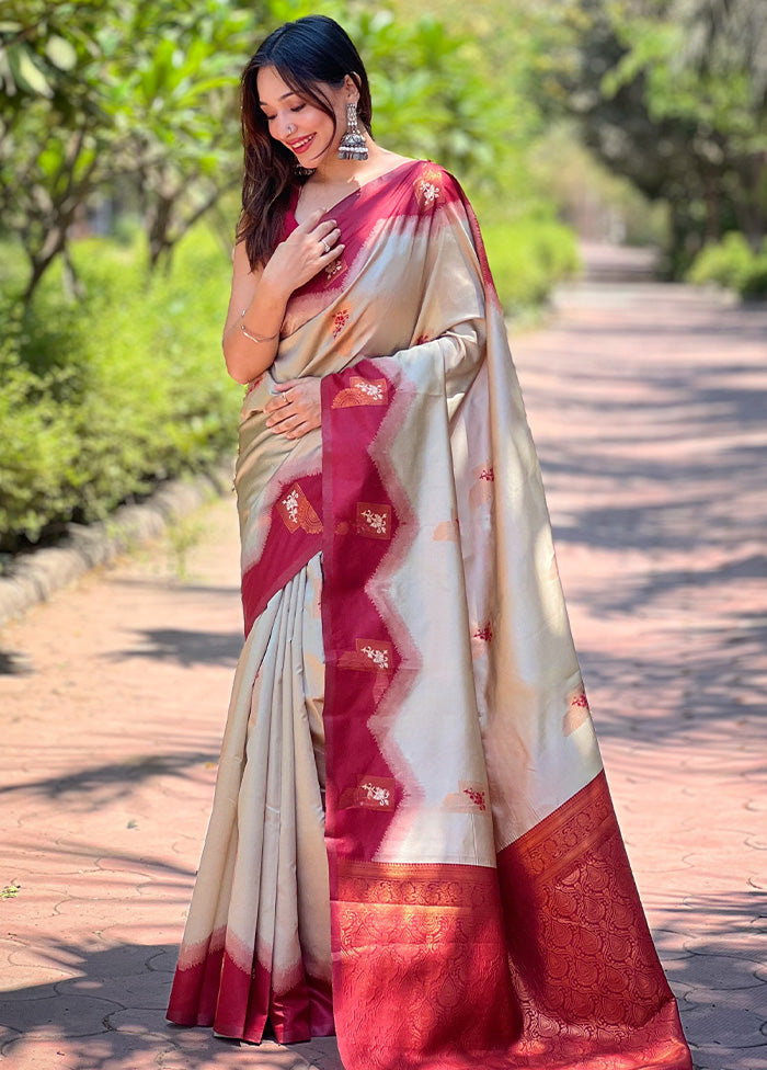 Cream Banarasi Silk Saree With Blouse Piece