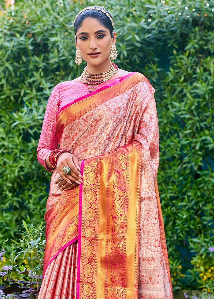 Peach Banarasi Silk Saree With Blouse Piece