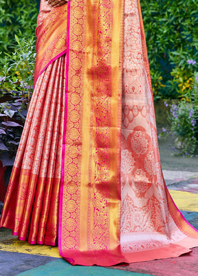 Peach Banarasi Silk Saree With Blouse Piece