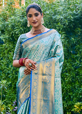 Turquoise Banarasi Silk Saree With Blouse Piece