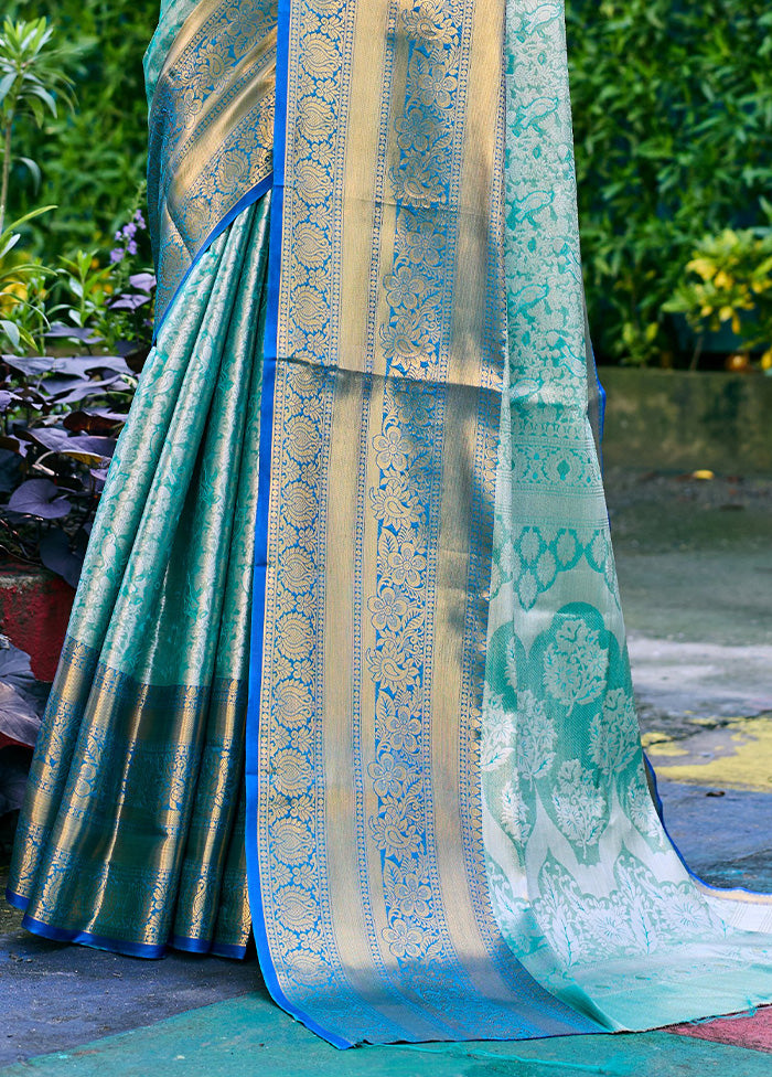 Turquoise Banarasi Silk Saree With Blouse Piece