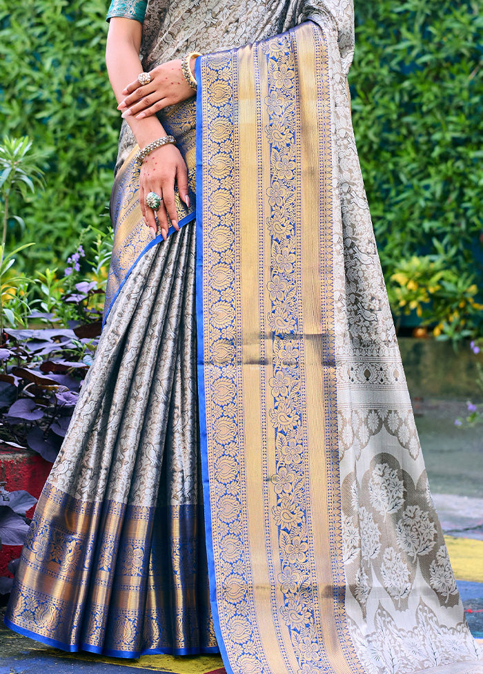 Grey Banarasi Silk Saree With Blouse Piece