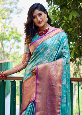 Turquoise Banarasi Silk Saree With Blouse Piece