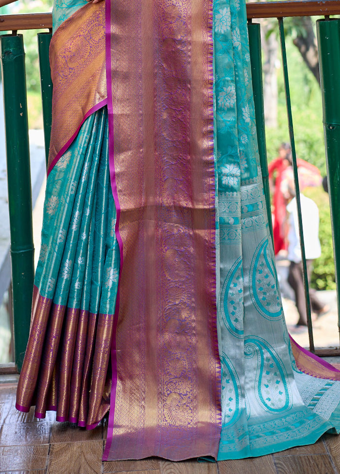 Turquoise Banarasi Silk Saree With Blouse Piece