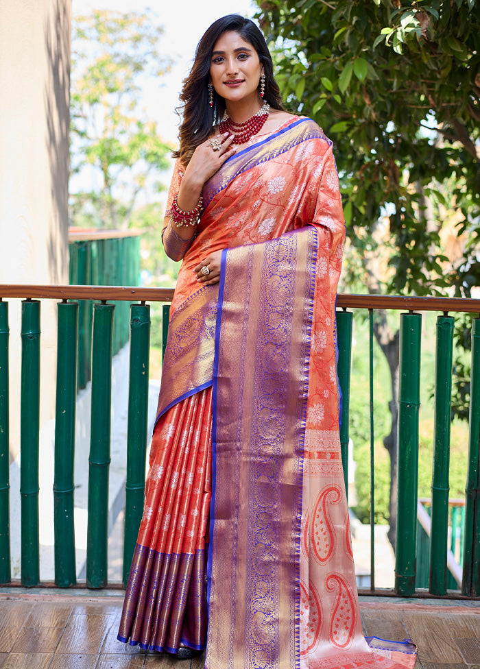 Orange Banarasi Silk Saree With Blouse Piece