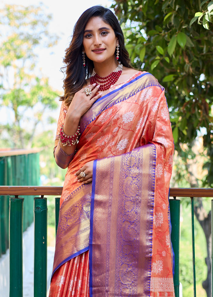 Orange Banarasi Silk Saree With Blouse Piece