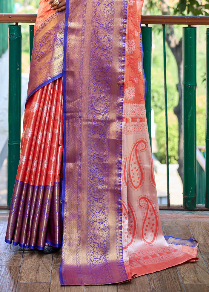 Peach Banarasi Silk Saree With Blouse Piece