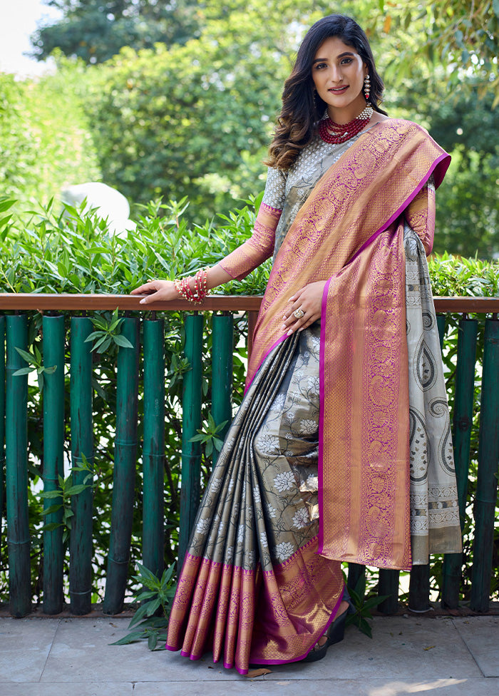 Grey Banarasi Silk Saree With Blouse Piece