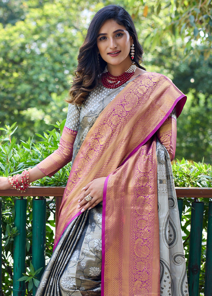 Grey Banarasi Silk Saree With Blouse Piece