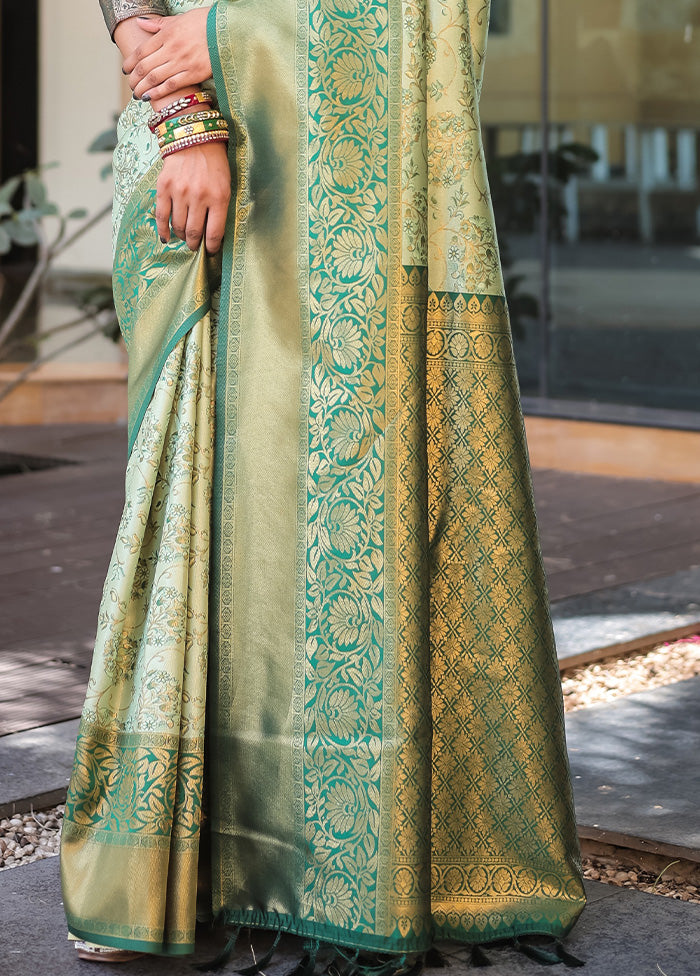 Pista Green Spun Silk Saree With Blouse Piece