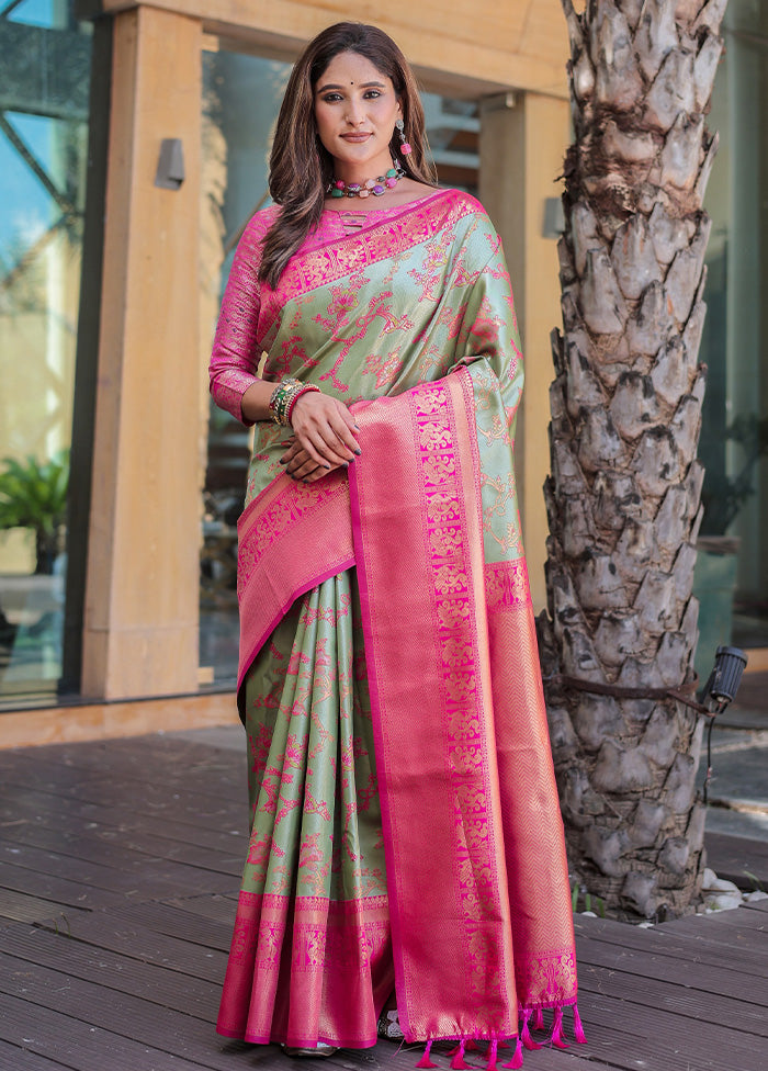 Pista Green Spun Silk Saree With Blouse Piece