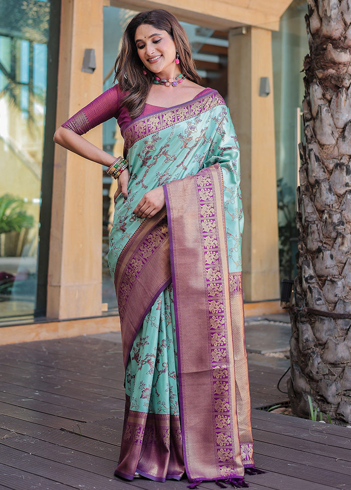 Turquoise Spun Silk Saree With Blouse Piece