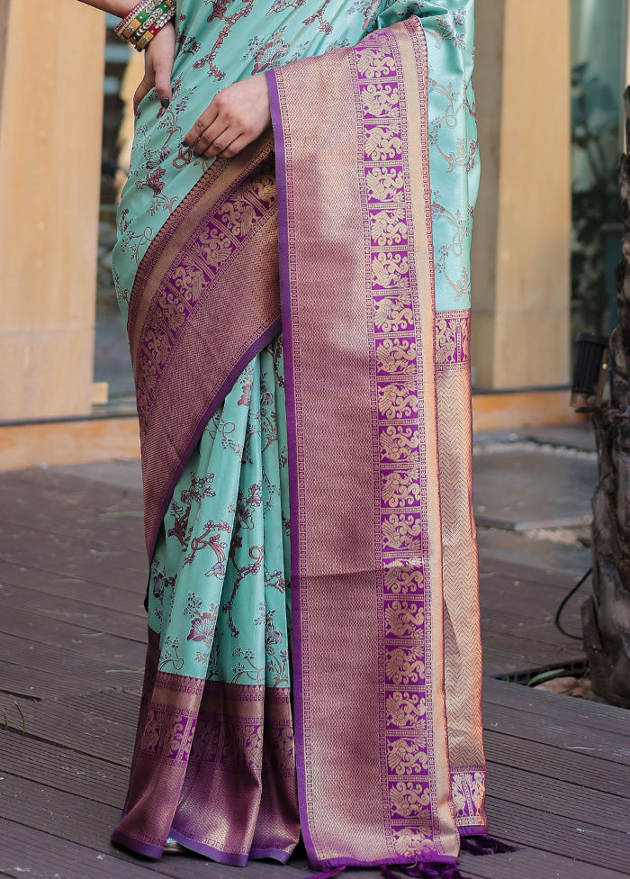 Turquoise Spun Silk Saree With Blouse Piece