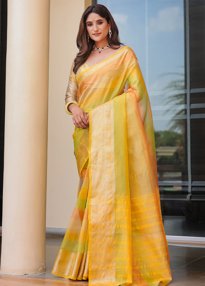 Yellow Banarasi Silk Saree With Blouse Piece