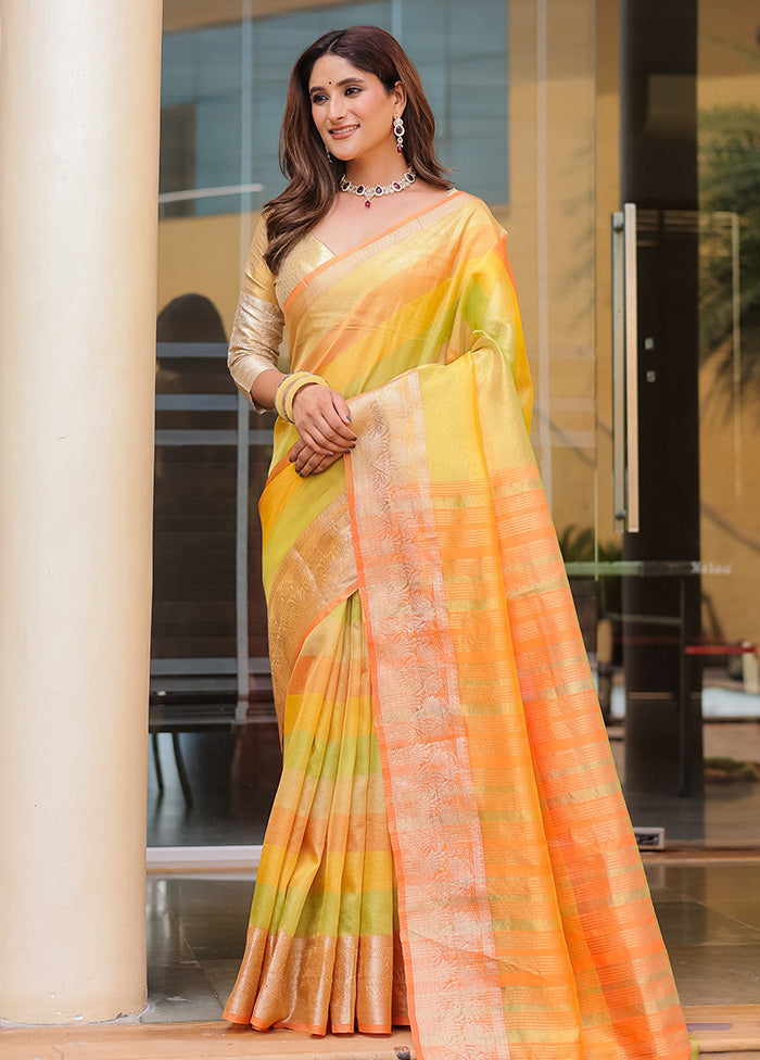 Orange Banarasi Silk Saree With Blouse Piece