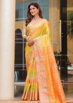 Yellow Banarasi Silk Saree With Blouse Piece