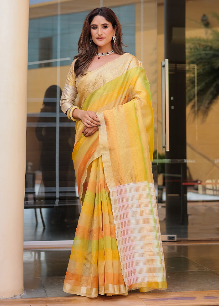 Yellow Banarasi Silk Saree With Blouse Piece