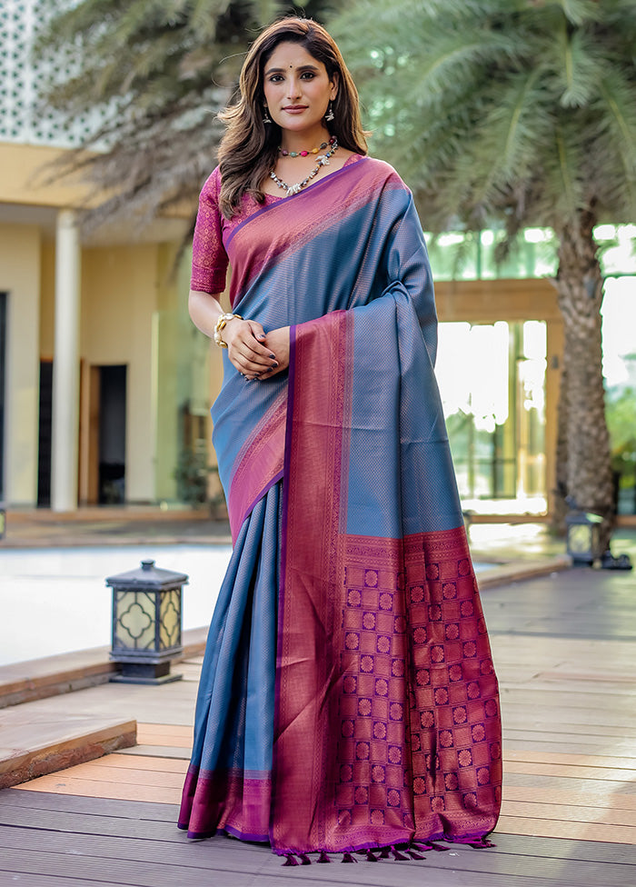 Blue Kanjivaram Silk Saree With Blouse Piece