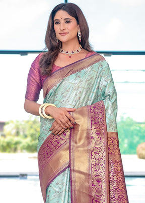 Turquoise Spun Silk Saree With Blouse Piece