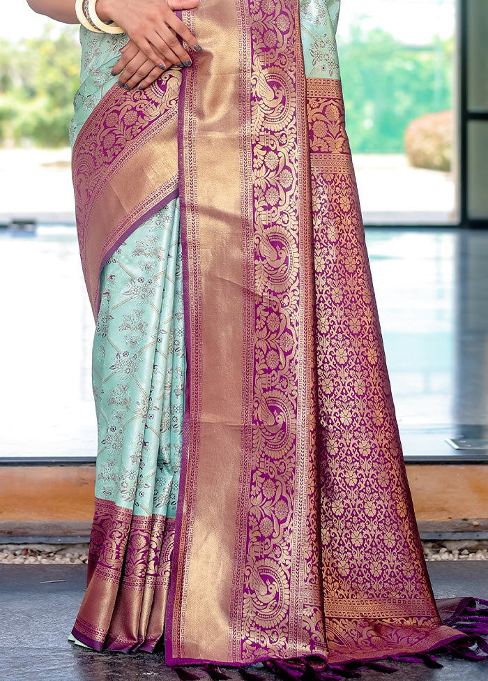 Turquoise Spun Silk Saree With Blouse Piece