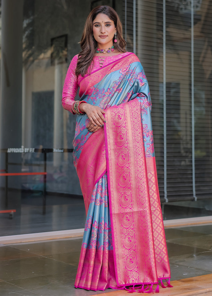 Blue Spun Silk Saree With Blouse Piece