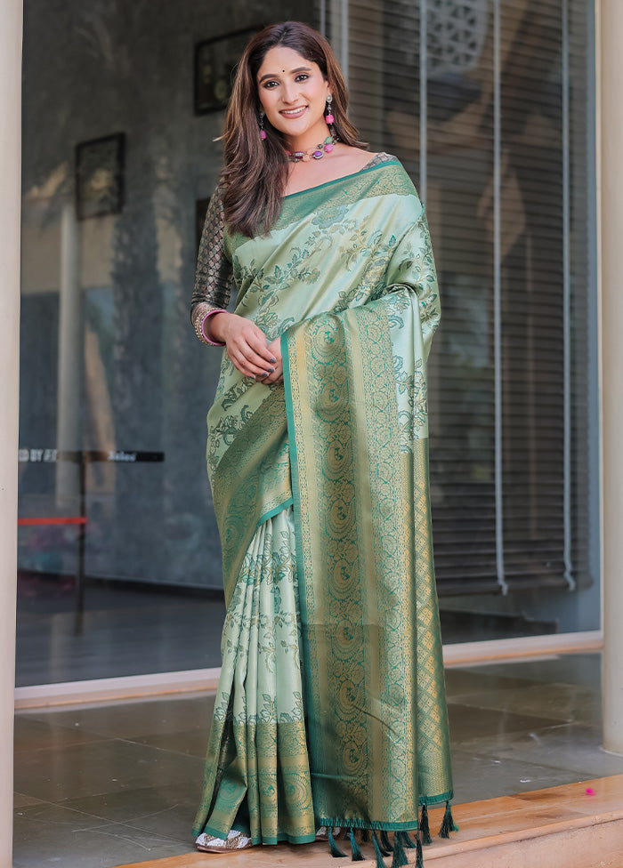 Sea Green Spun Silk Saree With Blouse Piece