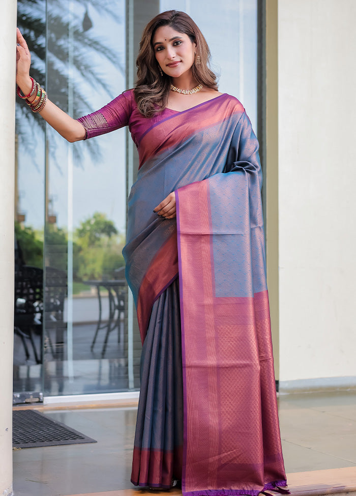 Blue Kanjivaram Silk Saree With Blouse Piece