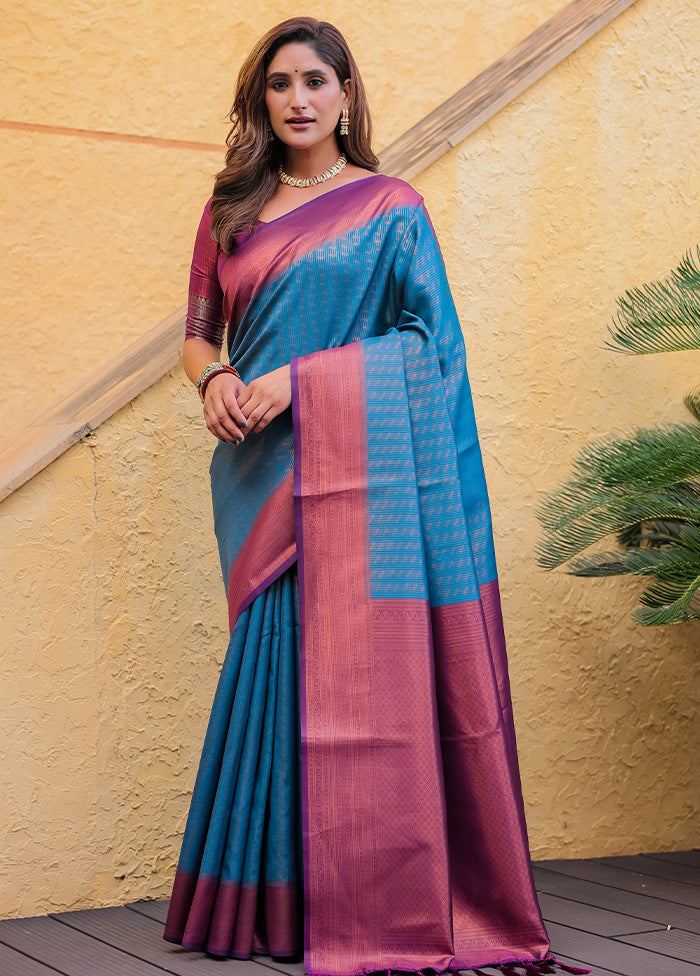 Sky Blue Kanjivaram Silk Saree With Blouse Piece