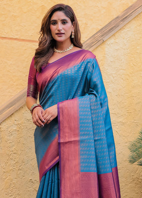 Sky Blue Kanjivaram Silk Saree With Blouse Piece