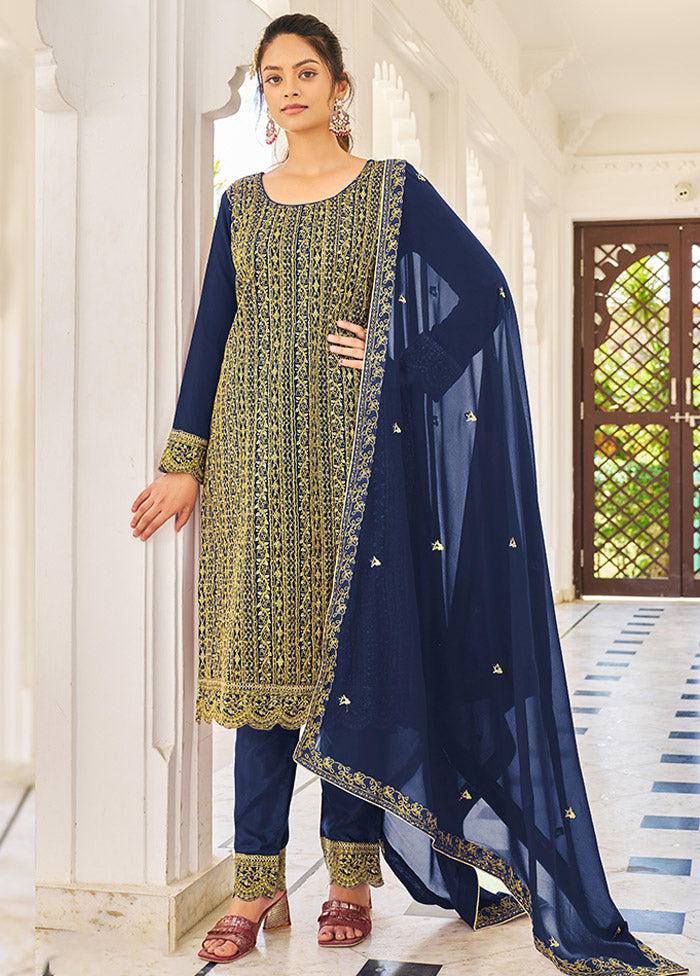 3 Pc Dark Blue Semi Stitched Georgette Suit Set VDSOT16062058 - Indian Silk House Agencies