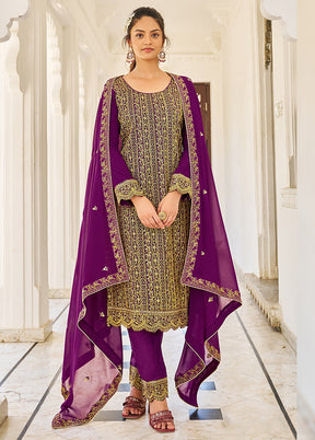 3 Pc Dark Purple Semi Stitched Georgette Suit Set VDSOT16062060 - Indian Silk House Agencies