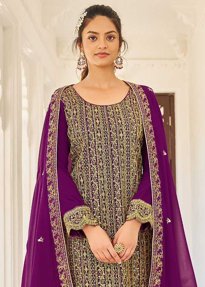 3 Pc Dark Purple Semi Stitched Georgette Suit Set VDSOT16062060 - Indian Silk House Agencies