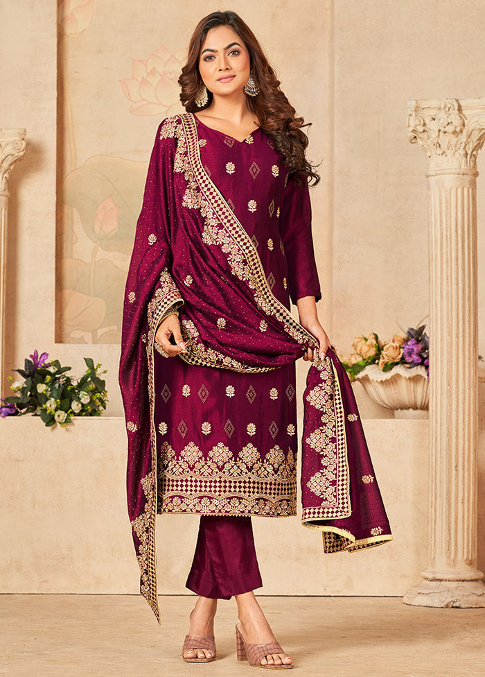 3 Pc Dark Pink Semi Stitched Silk Suit Set VDSOT16062068 - Indian Silk House Agencies