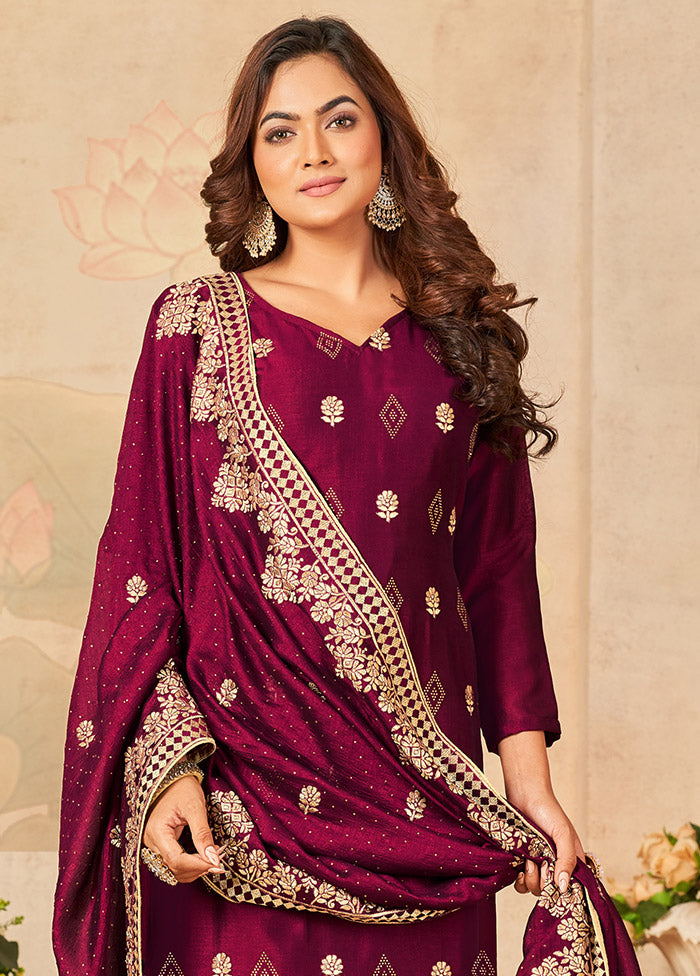 3 Pc Dark Pink Semi Stitched Silk Suit Set VDSOT16062068 - Indian Silk House Agencies